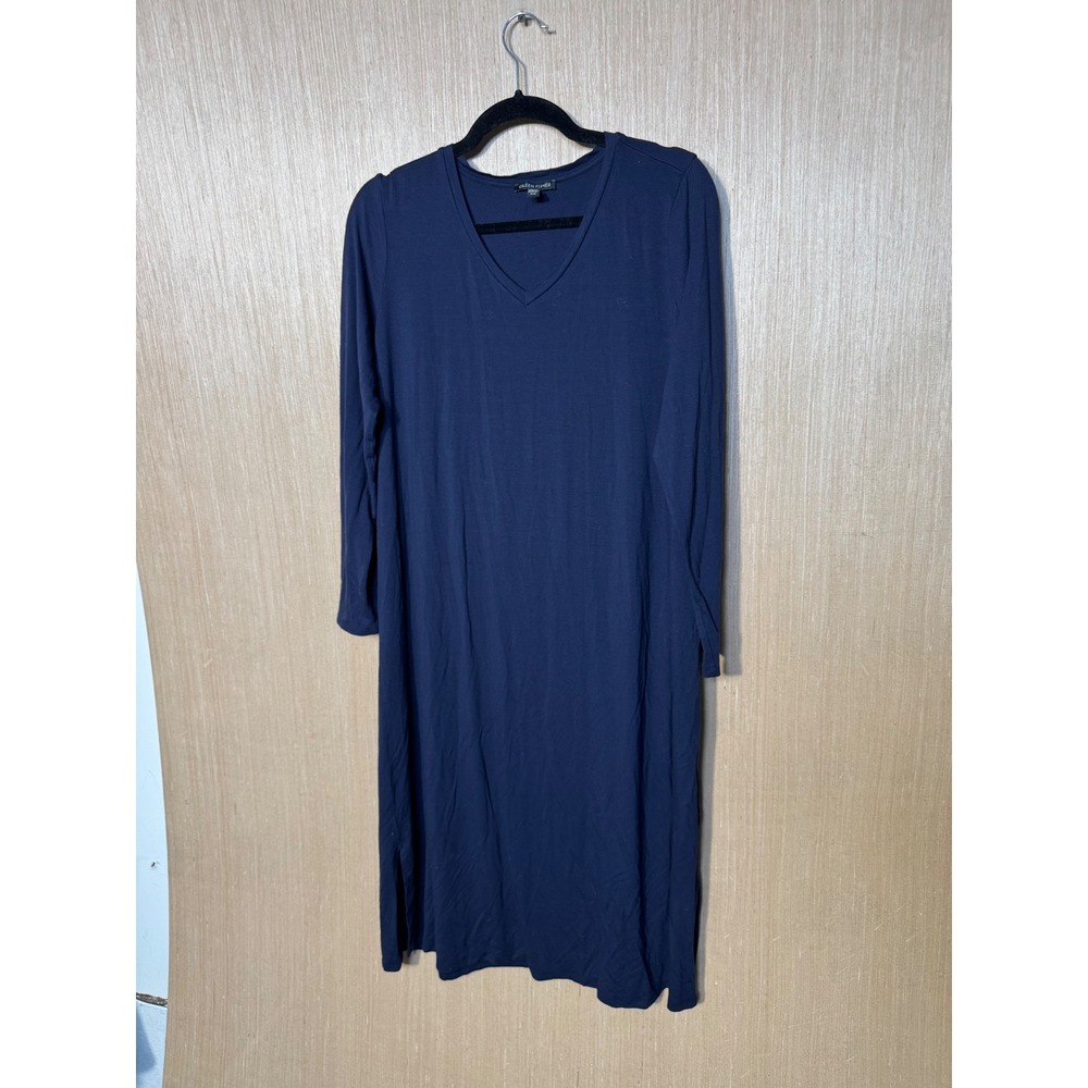 Eileen Fisher Womens Navy Blue Viscose Stretch Long Sleeve V-Neck Midi Dress M